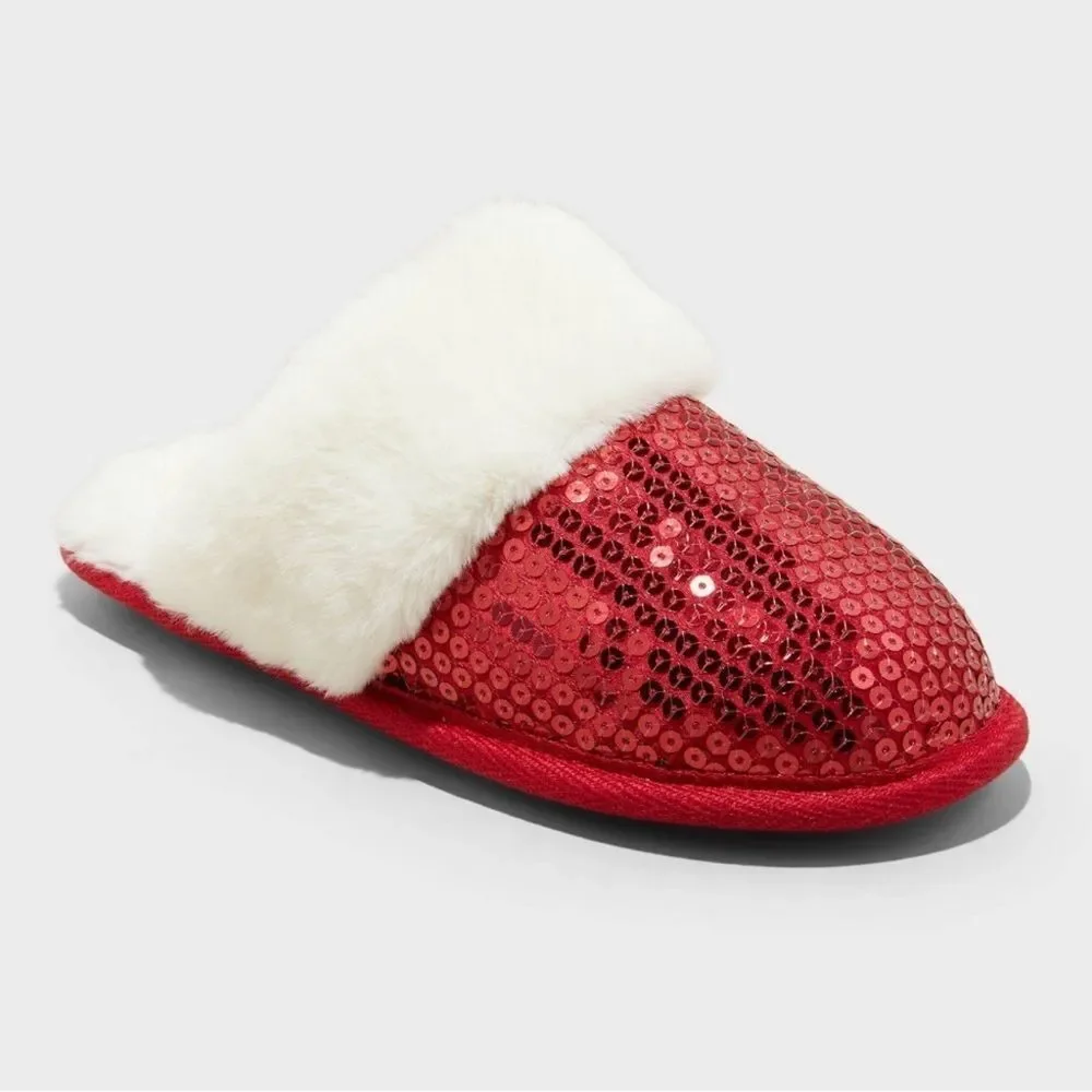 Red Sequin Scuff Slippers L 4/5 NEW